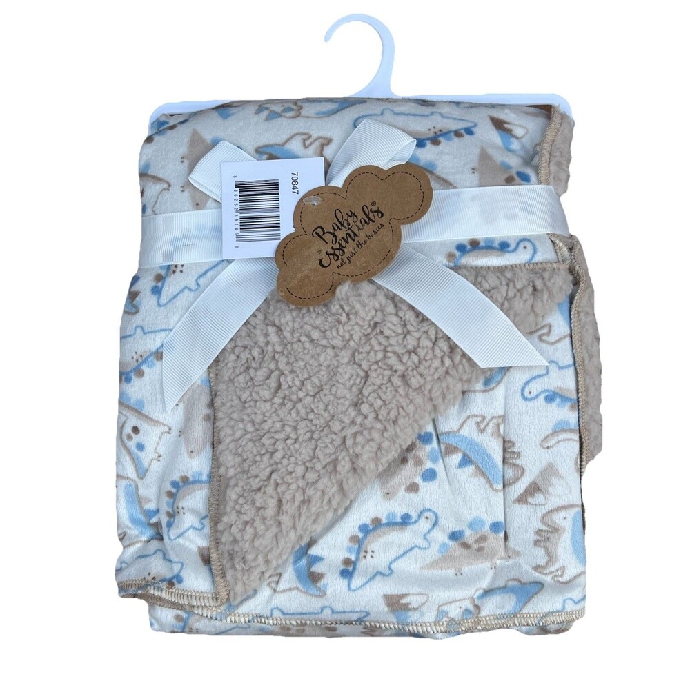 Baby Essentials Dinosaur Plush Baby Blanket Blue Brown Sherpa Soft Plush New